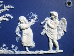 WEDGWOOD LIKE RARE DARK BLUE DIP PLAQUE OF CUPIDS & BOY TAMBORINE, GIRL TRIANGLE