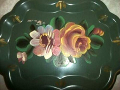 Cottagecore HP Roses Tole Tip Tray Chippendale Green 1950s Petite