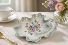 Artist signed porcelain leaf-shaped dish with hand-painted floral motifs