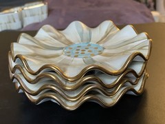(4pc) Rare Mackenzie Childs Parchment Check Ceramic Fluted Saucers W/ Gold Dots
