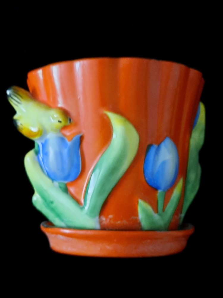 🐦🌷Beautiful Vintage Orange 3D Bird & Tulips Hand Painted Planter Gold Castle