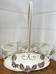 Vintage Tole Style Rose Basket Metal Shabby Chic Cottage Decor