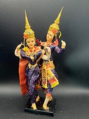 Thailand Traditional Colorful Dancing Dolls Pair Handmade Purple Wood Base 11″