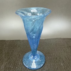 Hand Blown Blue Trumpet Art Glass Vase Vessel With Air Bubbles Glass Bud Vase