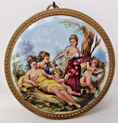Vintage Pair Ceramic Victorian Scenes Gold Gilt Framed 1940’s B&S Creations NY