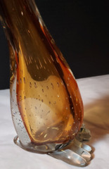 Unique Pair of Murano Hand Blown Swans/Ducks in Amber Tones and Bubbled Design