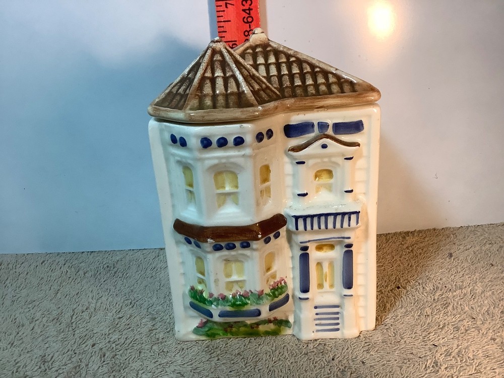 Vintage TOWNHOUSE CANISTER COLLECTION AVON 6” Hand painted Brazil, small chips