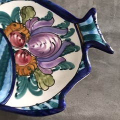 Hand Painted Pottery Fish Greece Blue Artsy Decor Nautical Coastal Trinket Dish