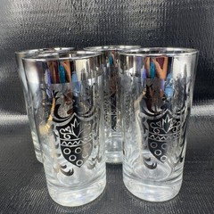 Vintage Kimiko Signed Silver Rimmed Knight Shield Highball Glasses Tumblers Set4