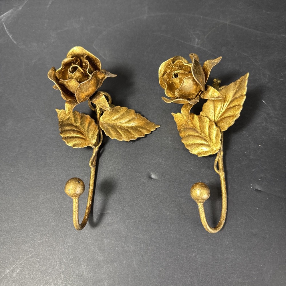 Pair Of Italian Tole Metal Rose Wall Hook Antique Gold Finish 6″ MCM VTG