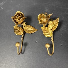 Pair Of Italian Tole Metal Rose Wall Hook Antique Gold Finish 6″ MCM VTG