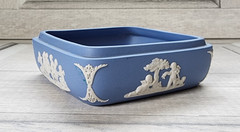 Wedgewood blue jasperware square trinket box white classical relief decoration