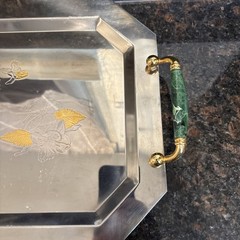 Vintage Serving Platter Inox 15/10 Steel with Green Gold Italy Beautiful Tray