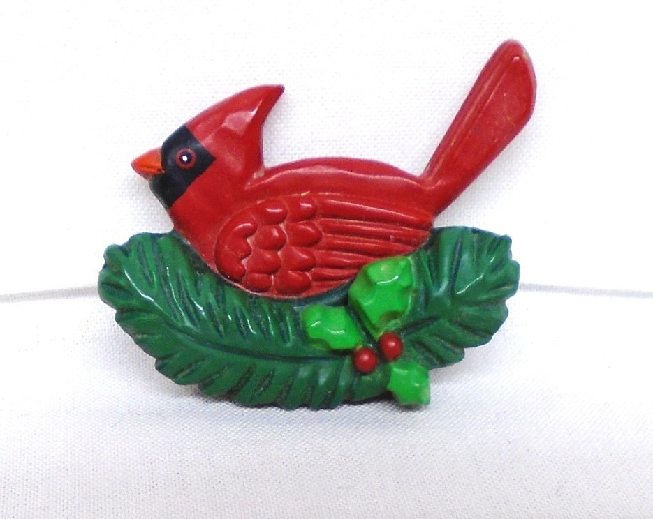 Hallmark Christmas Plastic Lapel Pin Cardinal Bird Tree Branch Holly 1990s Used