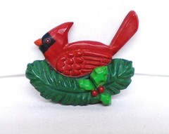 Hallmark Christmas Plastic Lapel Pin Cardinal Bird Tree Branch Holly 1990s Used