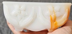 Vintage Akro Agate White Orange Blue Swirly Dish Made in USA 🇺🇸