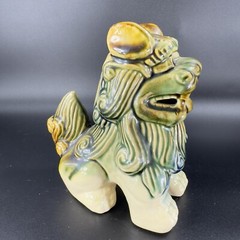 Vintage 1980s Ceramic Majolica Green Foo Dogs Set 2 Shishi Lions Good Luck vtg