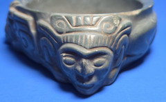 PRE COLUMBIAN AZTEC JADE OFFERING CONTAINER WITH TWO WARRIORS,EAGLE &JAGUAR