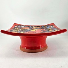Folk art pottery hand painted platter centerpiece decor bird horses