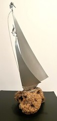 DEMOTT signed Tall Silver Metal Sail Boat Sculpture on Driftwood Base Vintage