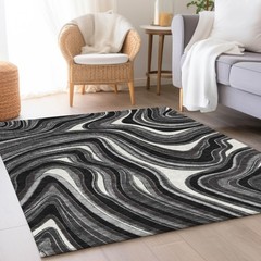 9′ X 12′ Black Gray And White Abstract Washable Rug