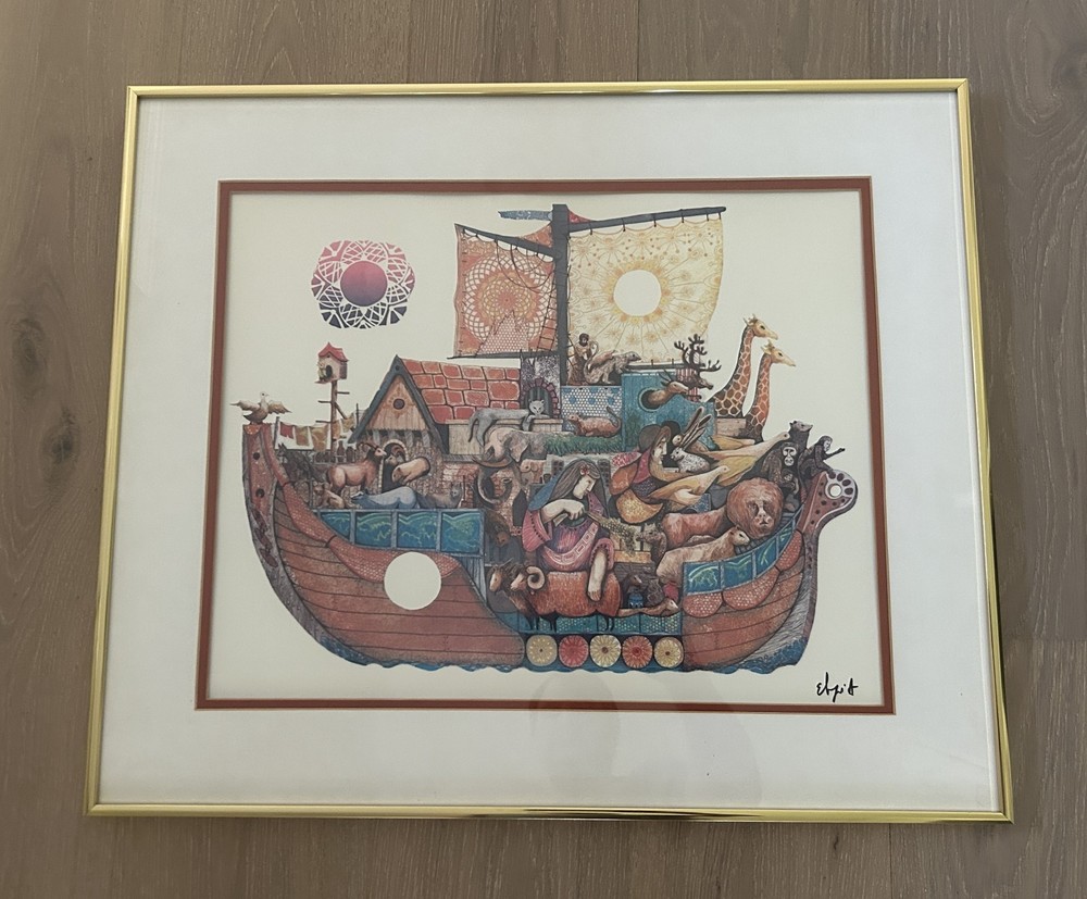 SIGNED Amram Ebgi – “Noah and the Ark ” Colored Lithograph Framed Print