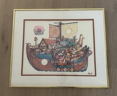 SIGNED Amram Ebgi – “Noah and the Ark ” Colored Lithograph Framed Print