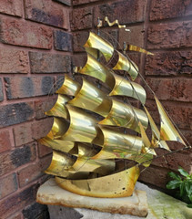 VINTAGE LARGE DEMOTT SHIP SCULPTURE HANDMADE MODERNIST SAIL SHIP SIGNED ORIGNAL