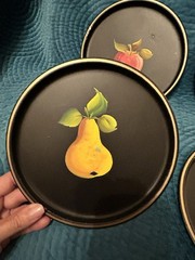 Vintage Hand painted Toleware On Metal -4 Pieces W Gorgeous Fruit & A Pink Rose