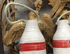 Set of 2 Vintage Bouy Wood White Red Stripe Marked LH-06 Lobster Nautical Decor