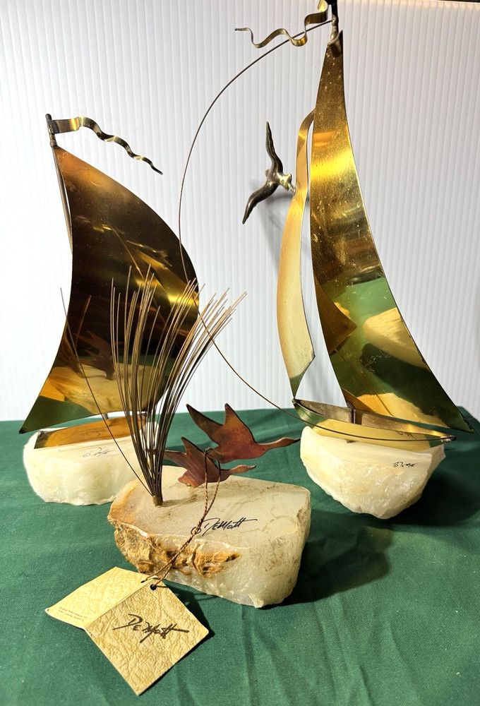 3 Vintage DeMott Brass MCM Metal Sculptures Onyx Base all Signed