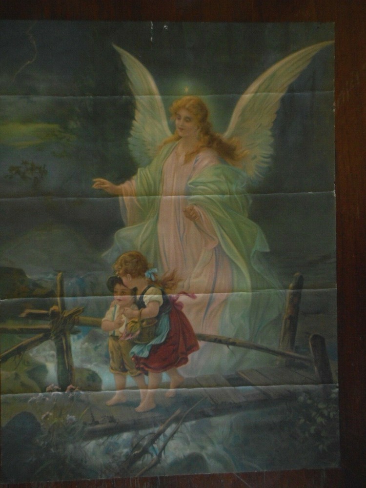 Antique Print Religion Angel watching Children on Bridge 16″ x 12″ old unframed