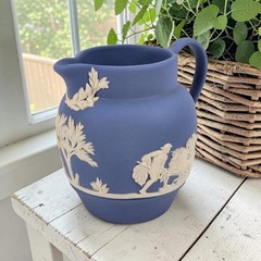 VTG Wedgwood Blue Jasperware Miniature Pitcher Creamer Neoclassical Trees 2.5″