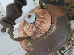 Old Copper TILTING TEA KETTLE on Ornate BRASS STAND White Porcelain Handles