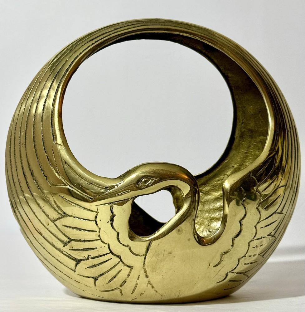 Vintage MCM Solid Brass Swan Planter Bowl Catchall with Handle ~Korea
