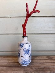 Faux Red Coral Specimen in Blue & White Floral Small Vase in Chinoiserie Chic St