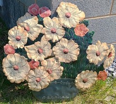 Vtg Handpainted Signed Metal Enamel Toleware Flower Floral Wall Hanging 21″x22″