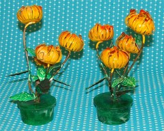 2 Unusual Vtg Enameled Metal Orange Flower Sculptures 6” Arrangement Closed