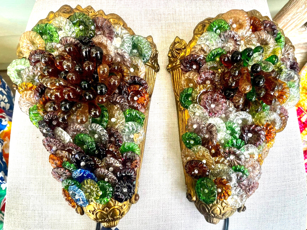 2 Vintage Art Nouveau Murano Glass Bronze Grape Cluster Wall Sconce 1900s 12″x8″