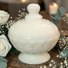Antique Victory Glass Inc Milk Glass Covered Dish Lace and Dewdrops Pattern EC