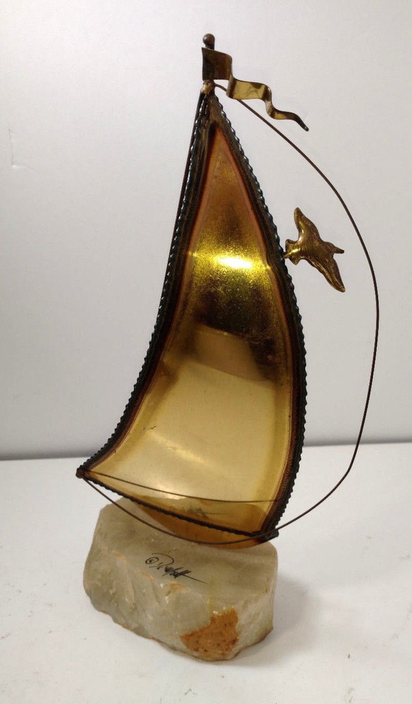 DEMOTT Brass Sailboat Metal Sculpture signed on Onyx Base rock approx. 10″ Tall