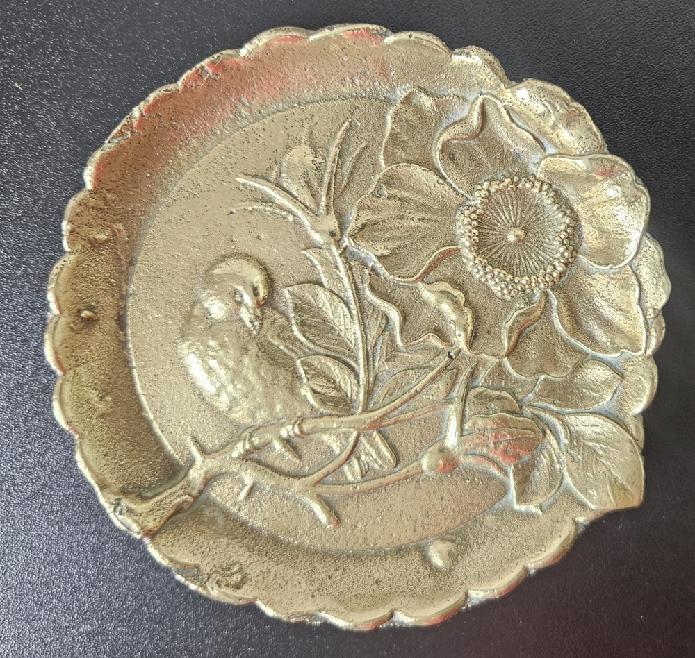 Vintage Art Nouveau Brass Scalloped Round Trinket Dish Impressed Bird Floral…