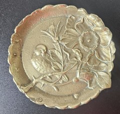 Vintage Art Nouveau Brass Scalloped Round Trinket Dish Impressed Bird Floral…