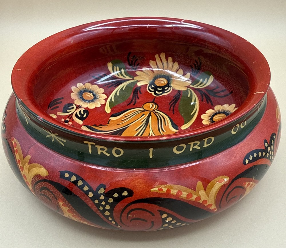 Vintage Norwegian Rosemaling Ale Bowl Ølbolle Hand-Painted Folk Art 8”