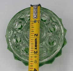 Vintage Green Uranium Glass Diamond Point Footed Dish w Clear Flower Frog Insert