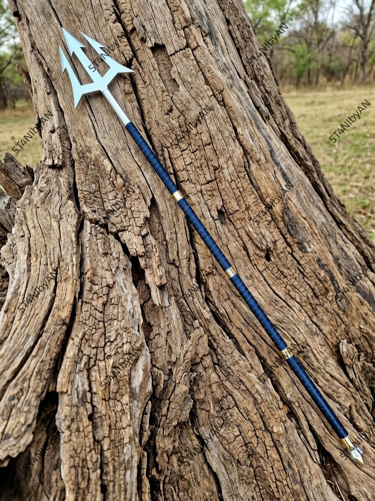 Handmade Poseidon Trident 60” Steel Spear Leather Wrapped Handle Cosplay Prop