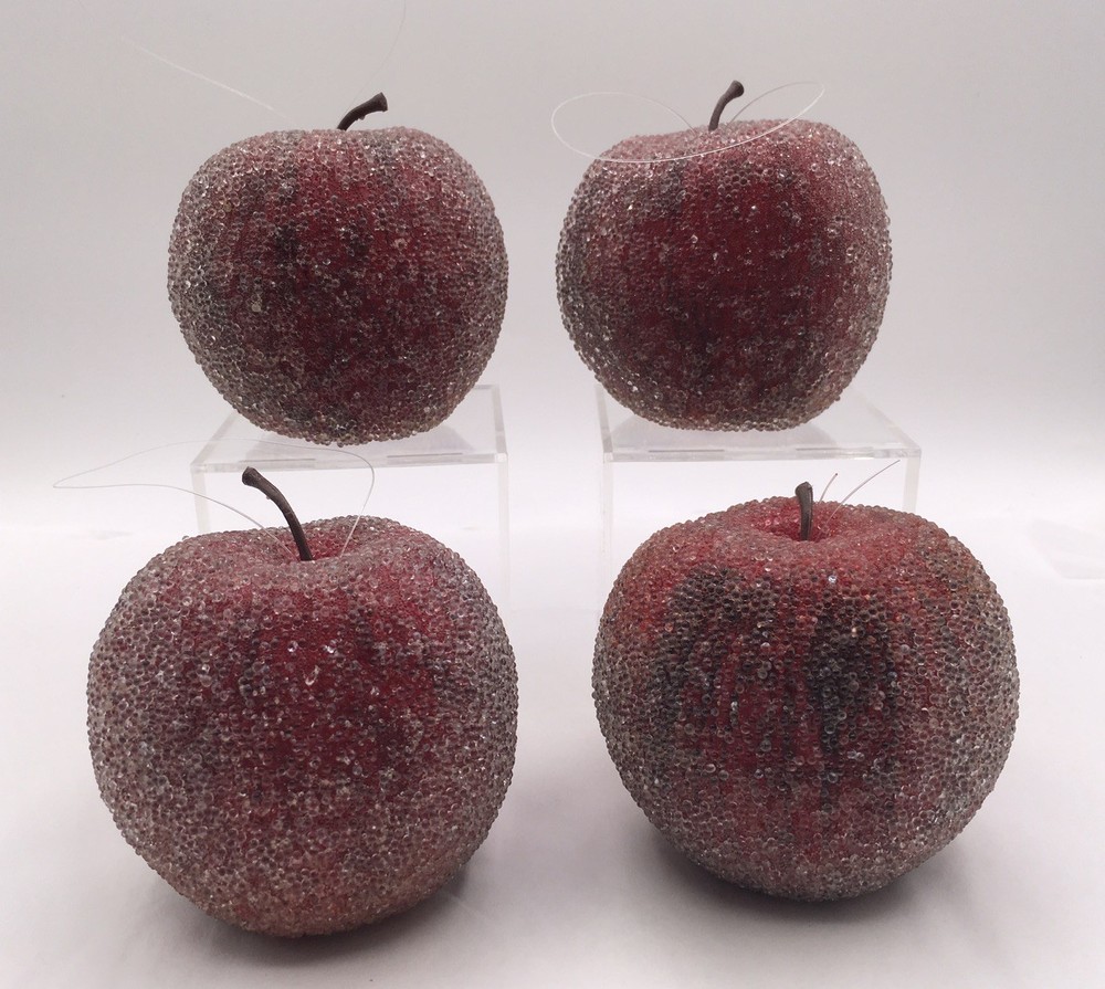 Unbranded Sugared Frosted SET OF 4 Large Beaded Fruit Ornaments Apples 3”x 3.5”