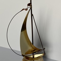 John DeMott Signed Metal Brass Sailboat Sculpture On Stone Base Decor Art Sail