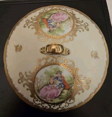 Vintage Lefton China Gold Green Victorian Couple Lidded Dish Footed 1616