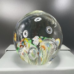 Hand Blown Art Glass Paperweight With Large Bubbles Multicolored Millefiori VTG